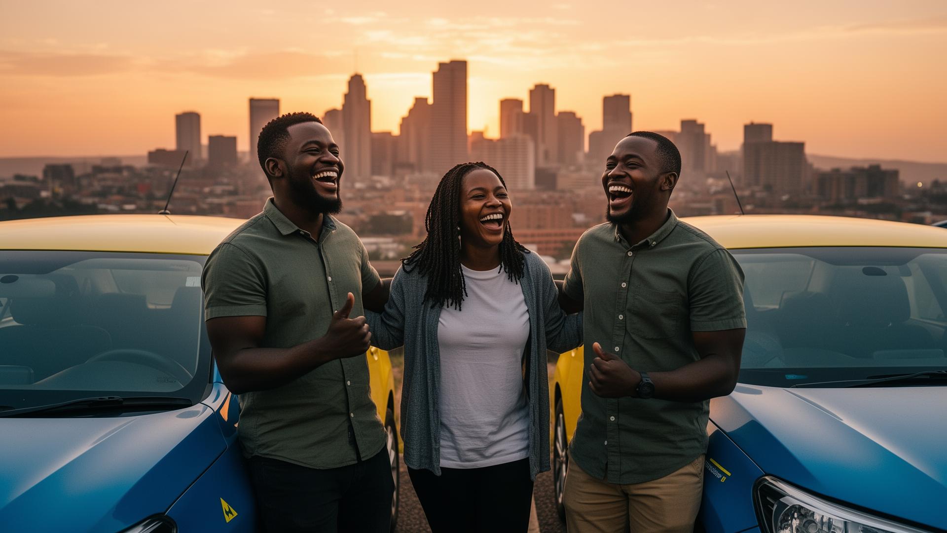 Three South African Hop & Go drivers celebrating their independence at sunset in Johannesburg