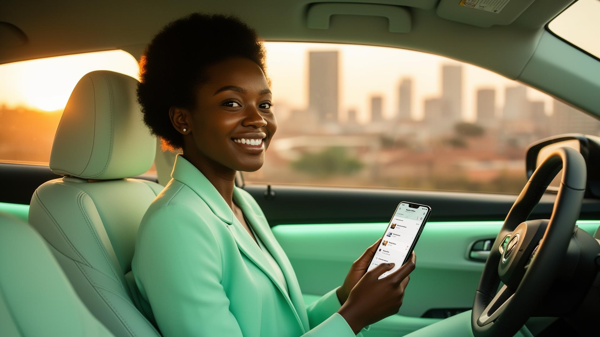 Smiling South African passenger booking a Hop & Go ride at golden hour
