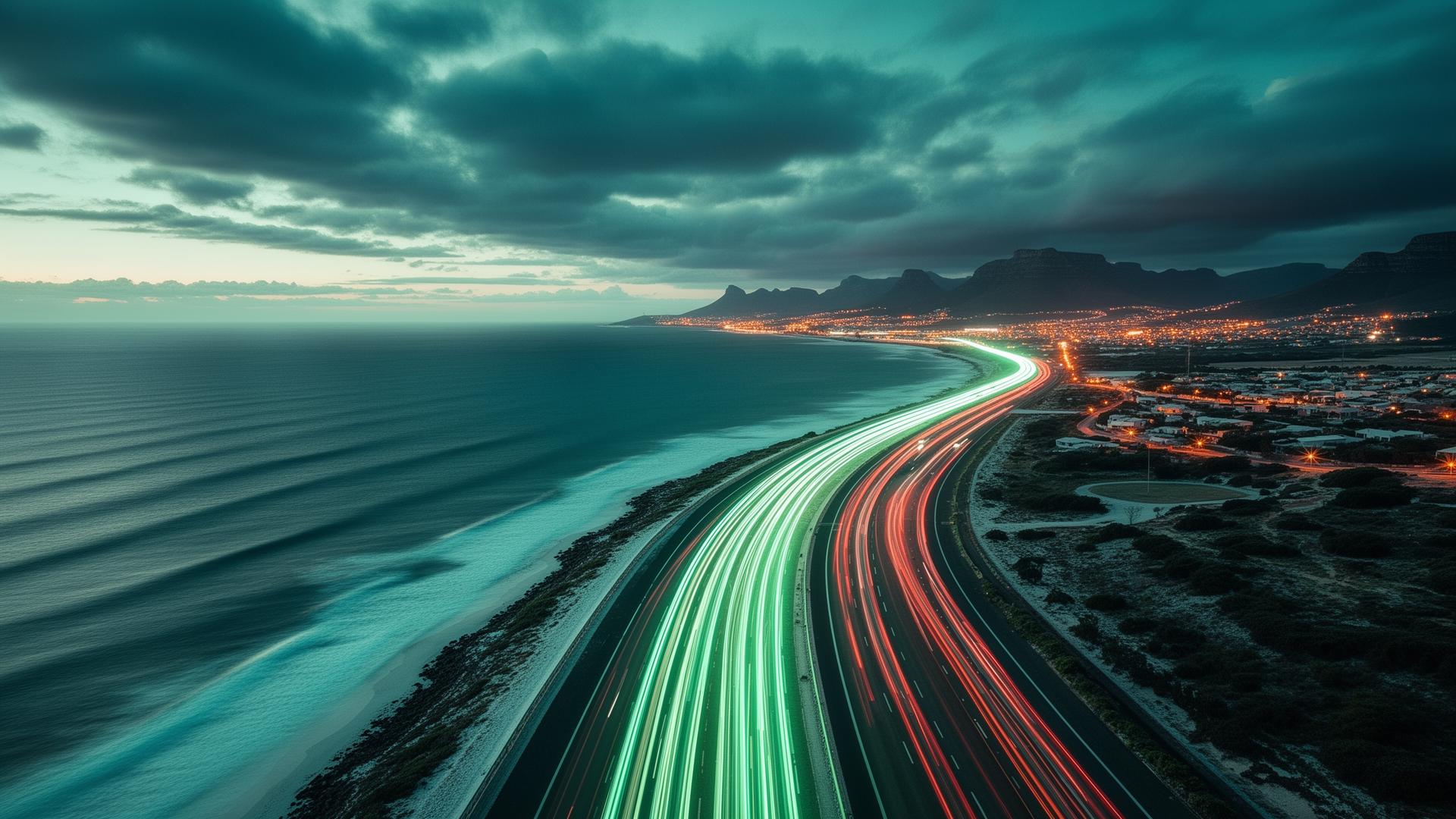 Aerial view of South African coastal highway with glowing mint ride routes at twilight