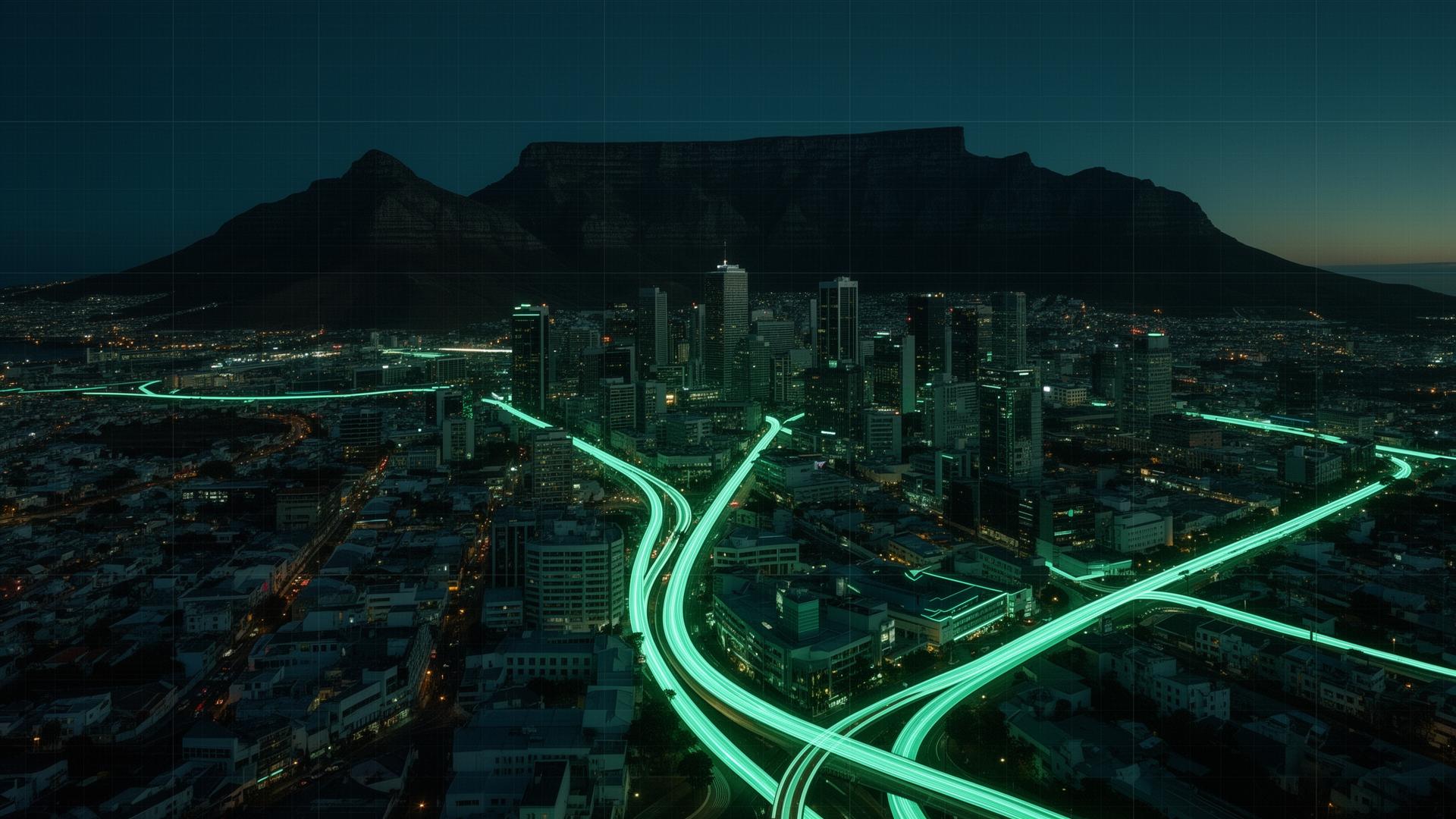 South African city map at night with glowing ride routes